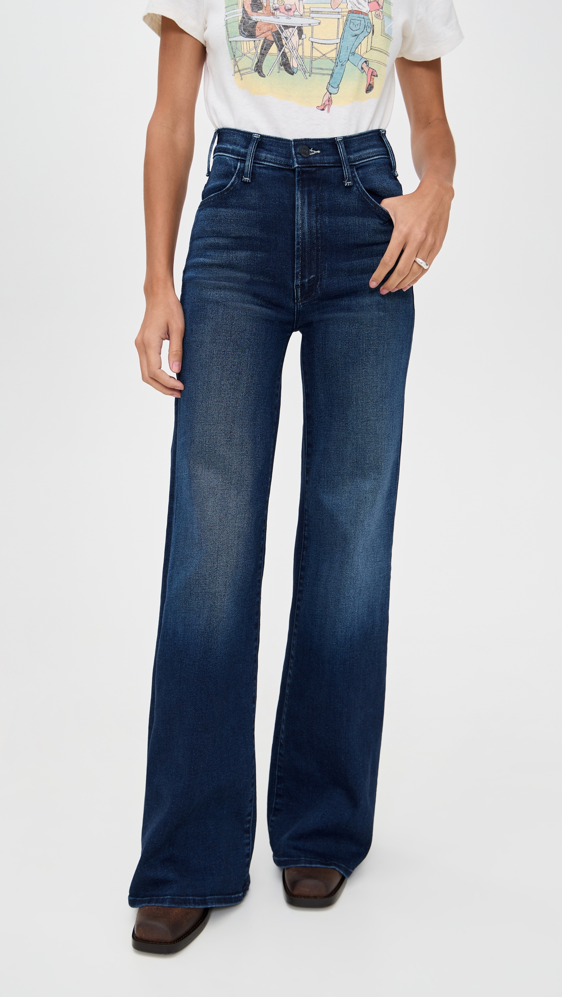 MOTHER Hustler Roller Sneak full-length flare jeans in dark blue denim