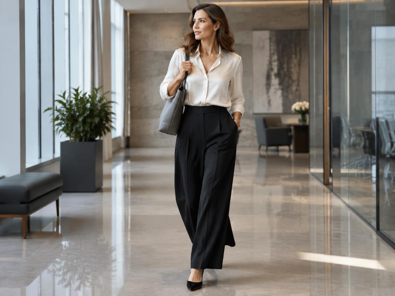 A woman in an ivory silk blouse and wide-leg black trousers walking through an office corridor