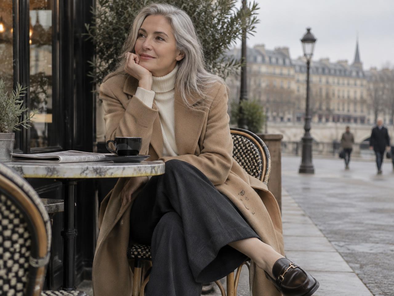 A woman in a camel coat and cream turtleneck seated at a café terrace table with coffee