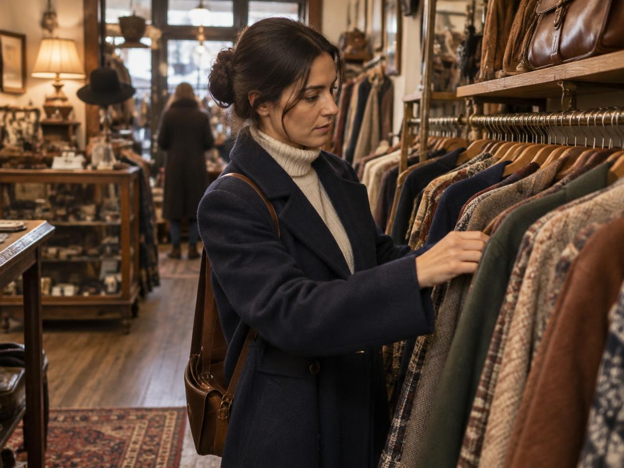 A woman in a navy wool coat and cream turtleneck browsing a wooden rail inside a consignment shop