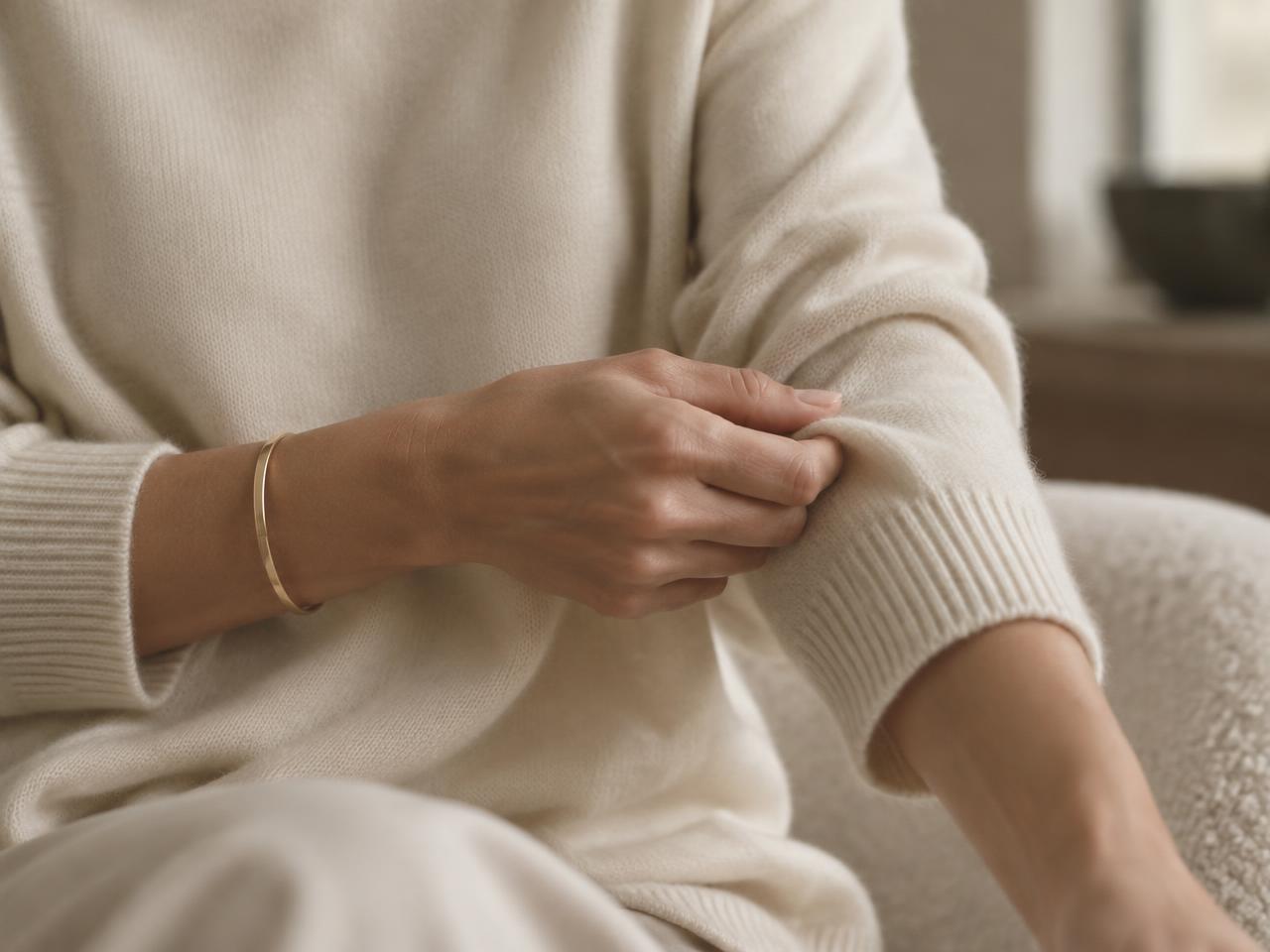 Close-up of a woman's hands smoothing the sleeve of a cream cashmere sweater