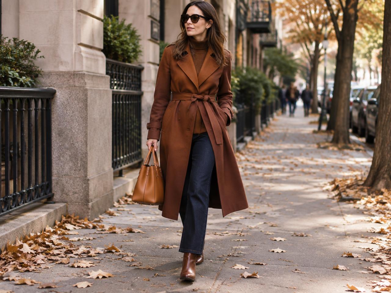 A woman walking a leafy city sidewalk in a belted rust trench coat, dark straight-leg jeans and brown ankle boots