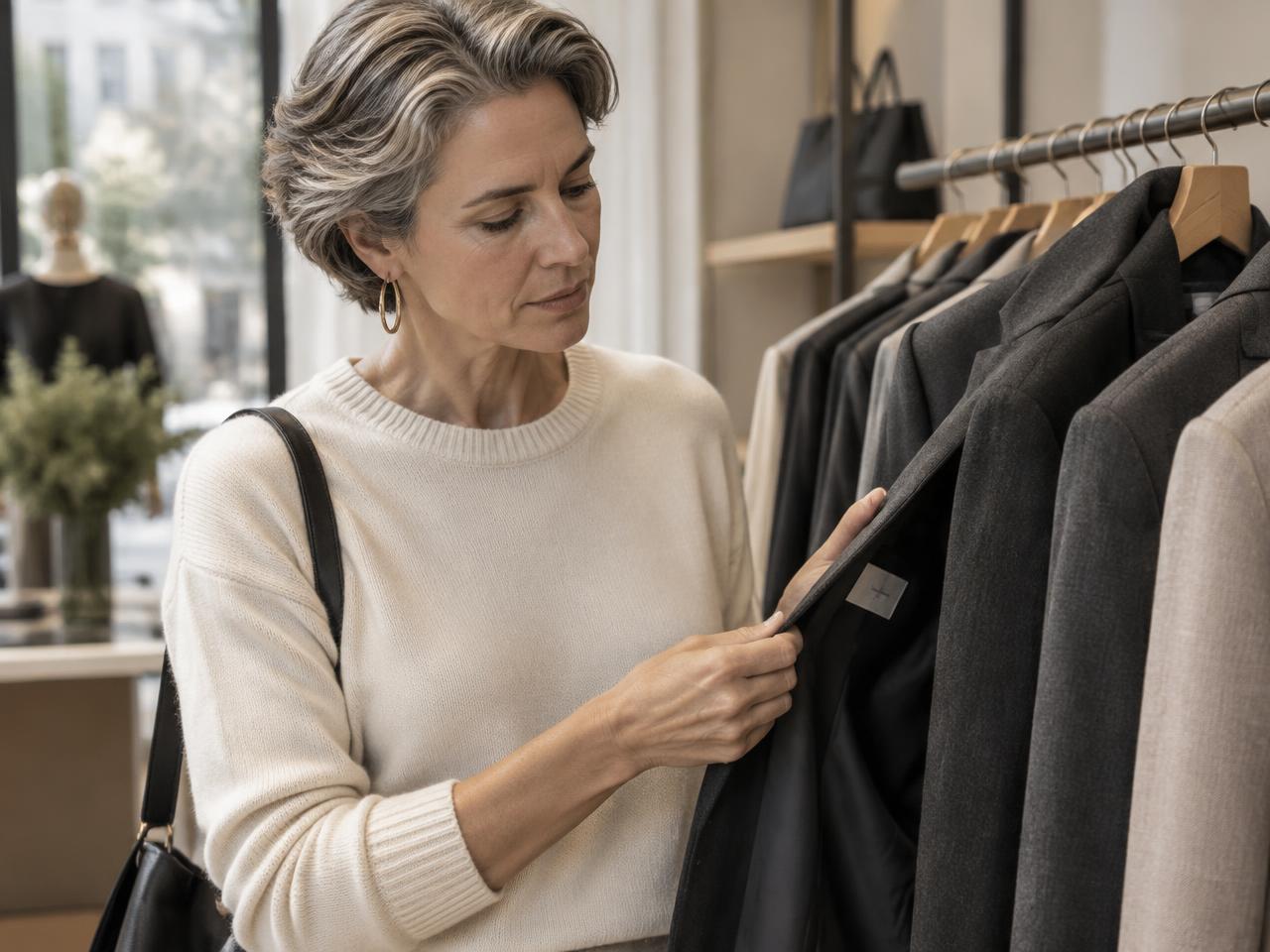 A woman in an ivory knit examining the label of a tailored charcoal blazer on a boutique rail