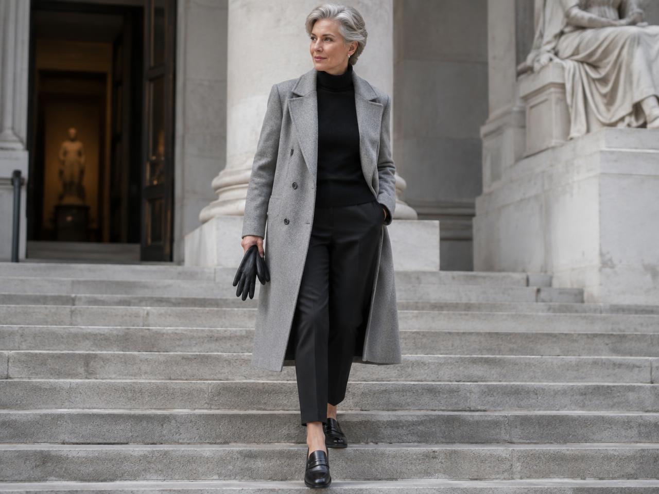 A woman with short grey hair descending stone steps in a light grey coat, black turtleneck and cropped trousers