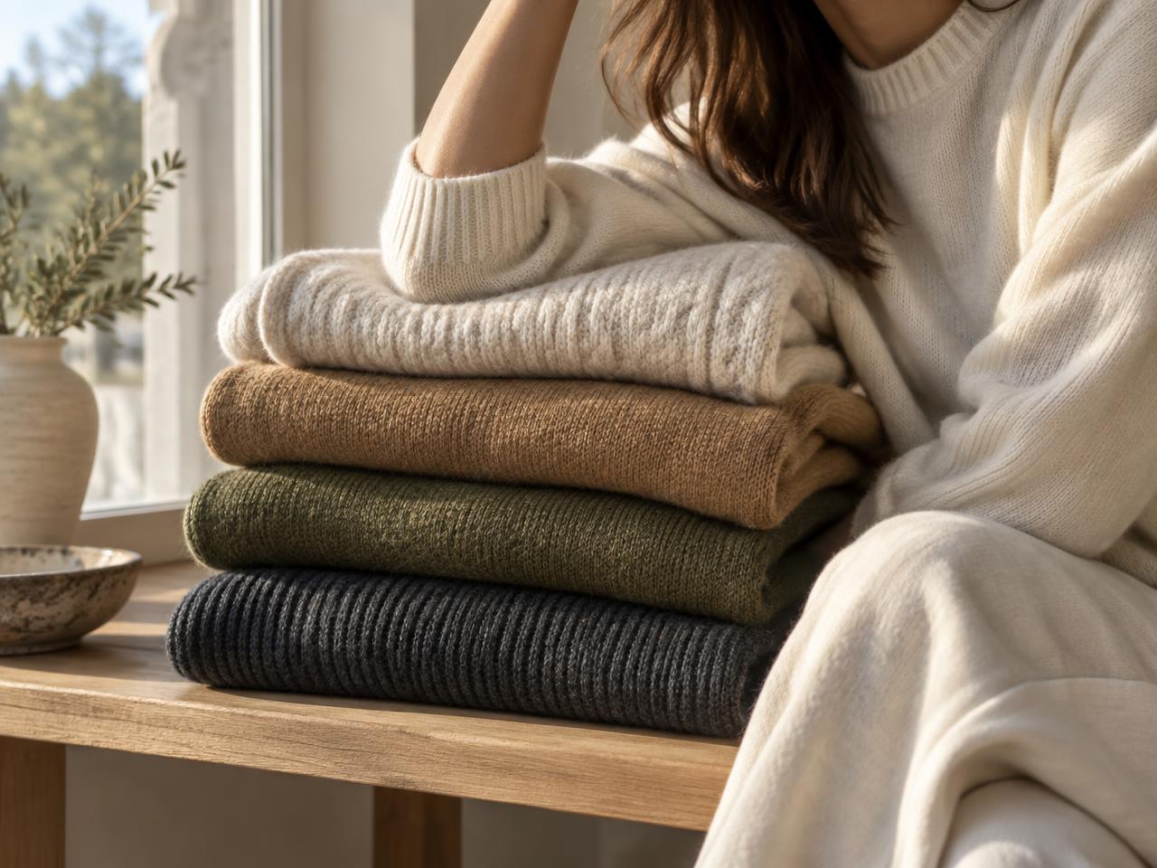 A stack of folded knitwear in cream, camel, olive and charcoal on a wooden bench by a window