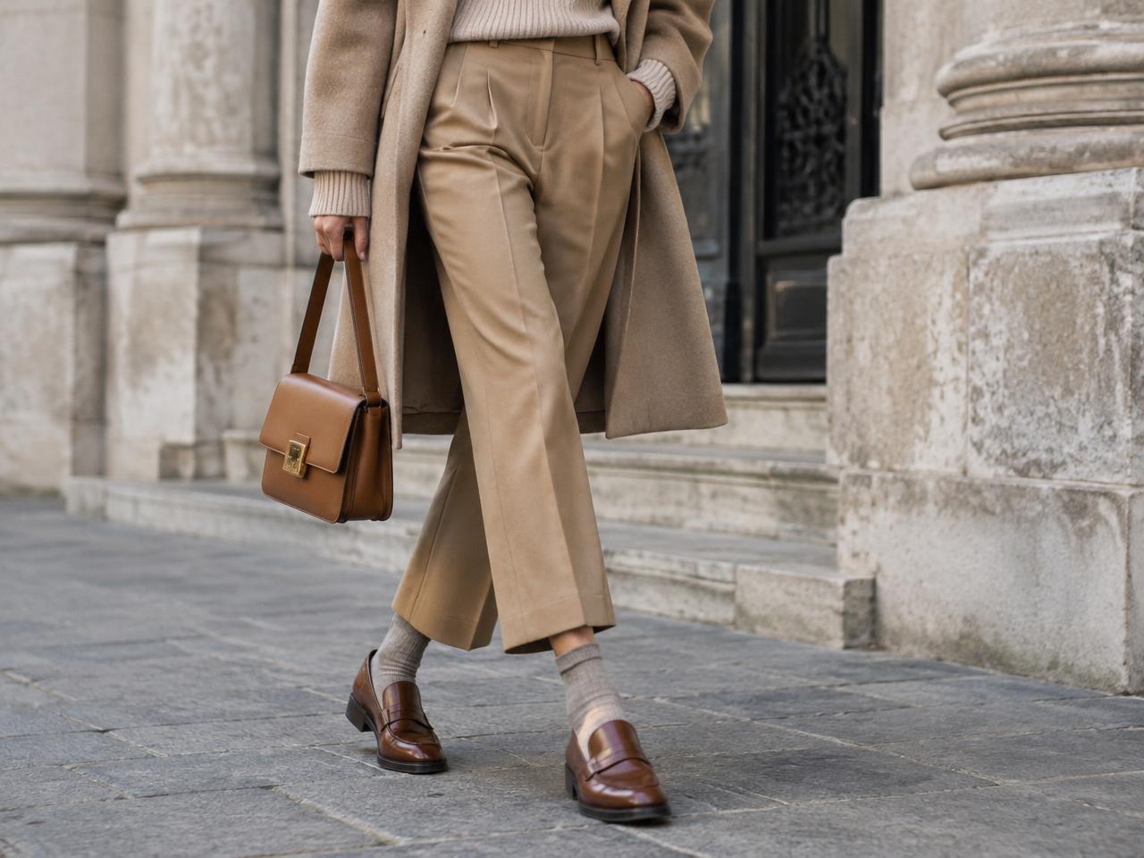 Cropped camel trousers, cognac loafers and a tan shoulder bag outside a stone building