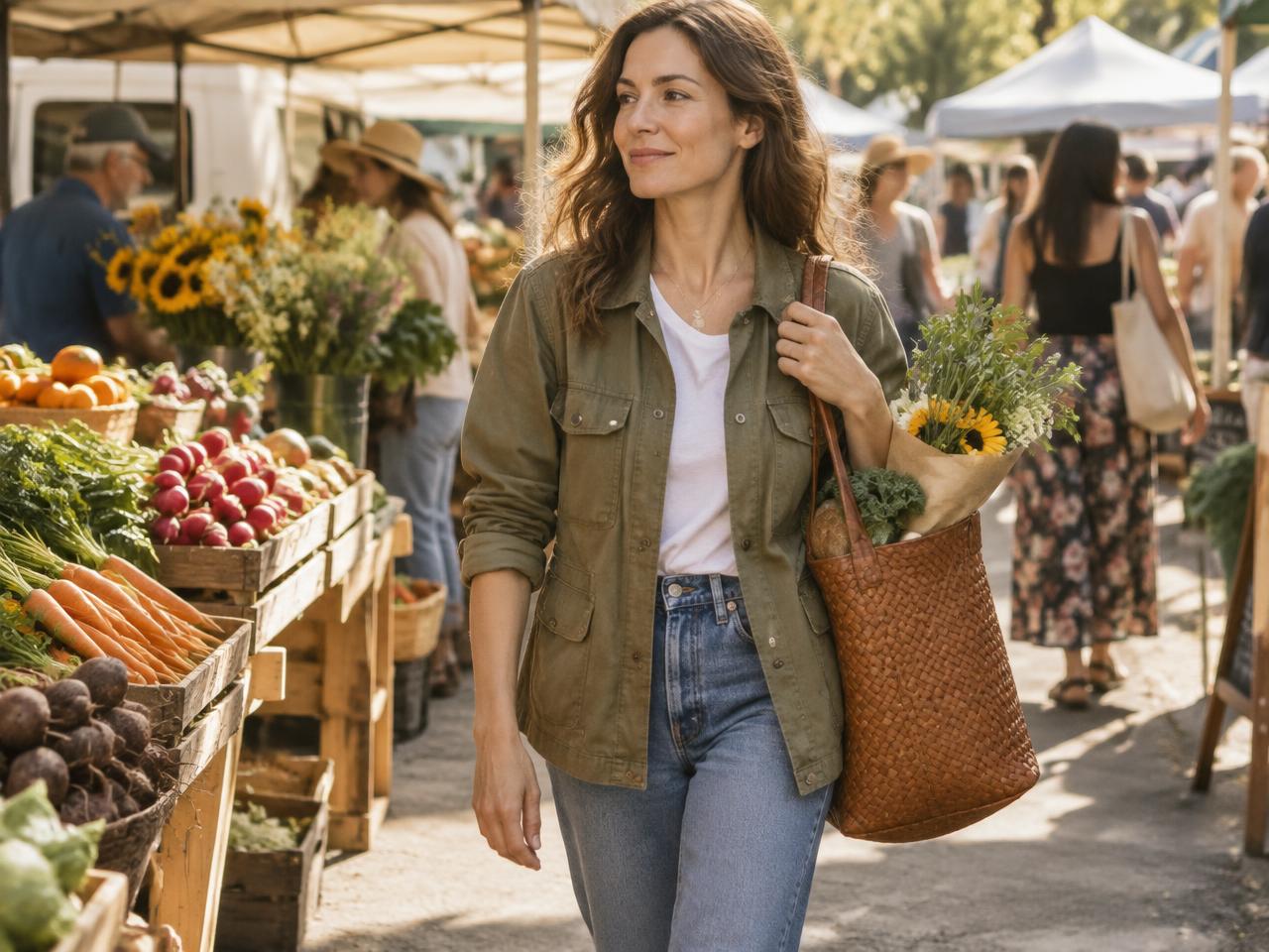 A woman in an olive utility jacket carrying a woven leather tote at a farmers market