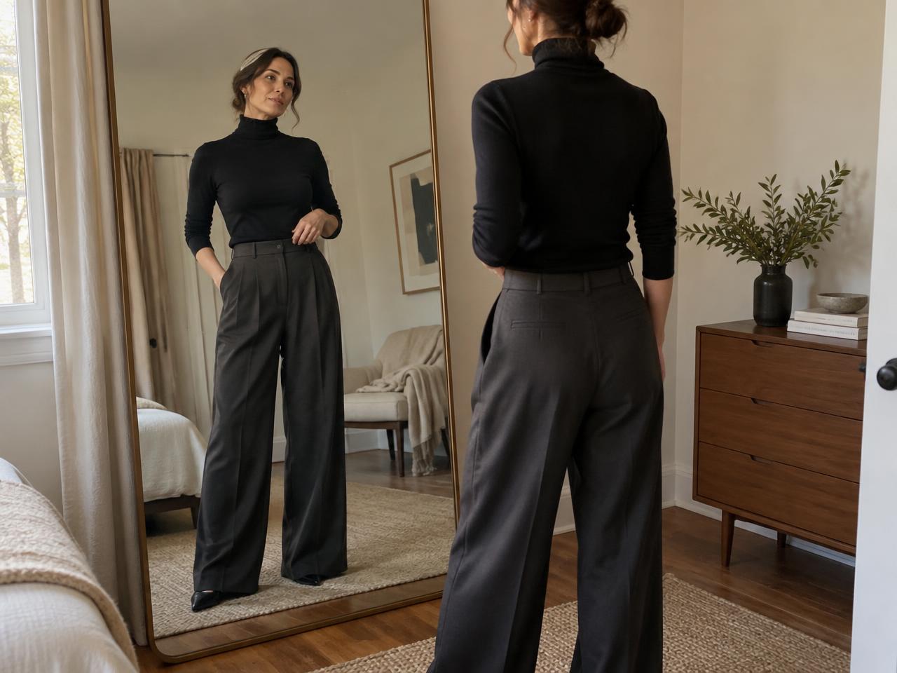 A woman in a black turtleneck and charcoal wide-leg trousers checking the fit in a full-length mirror