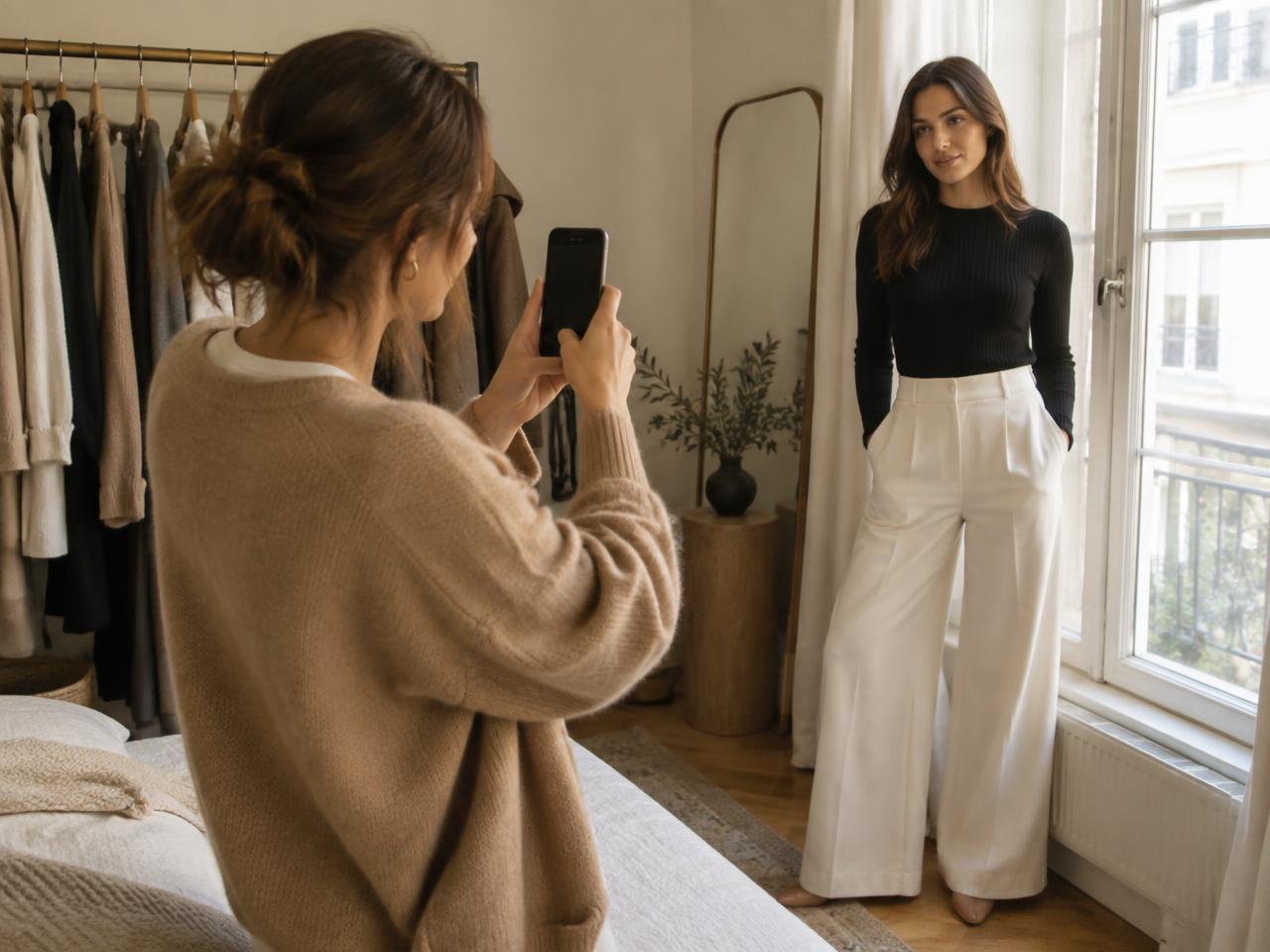 A woman photographing her friend's black knit and white wide-leg trousers on a phone by a window