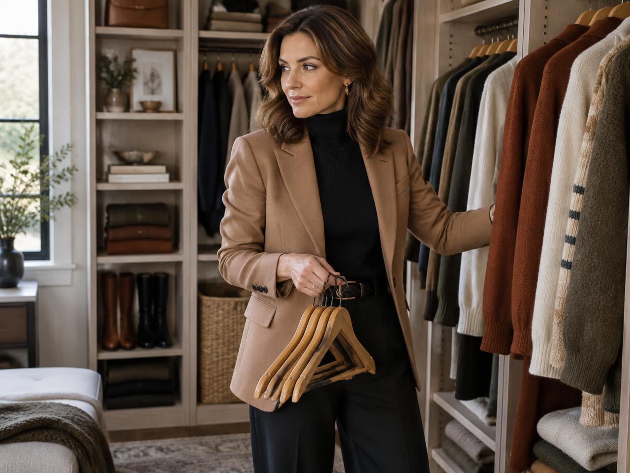 A woman in a camel blazer and black turtleneck holding wooden hangers in front of an organized fall closet