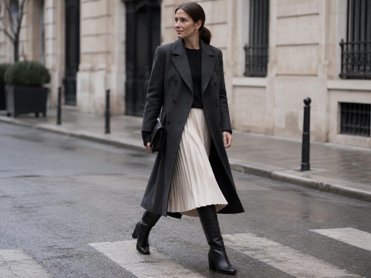 A woman crossing a city street in a charcoal double-breasted coat, ivory pleated midi skirt and black knee boots