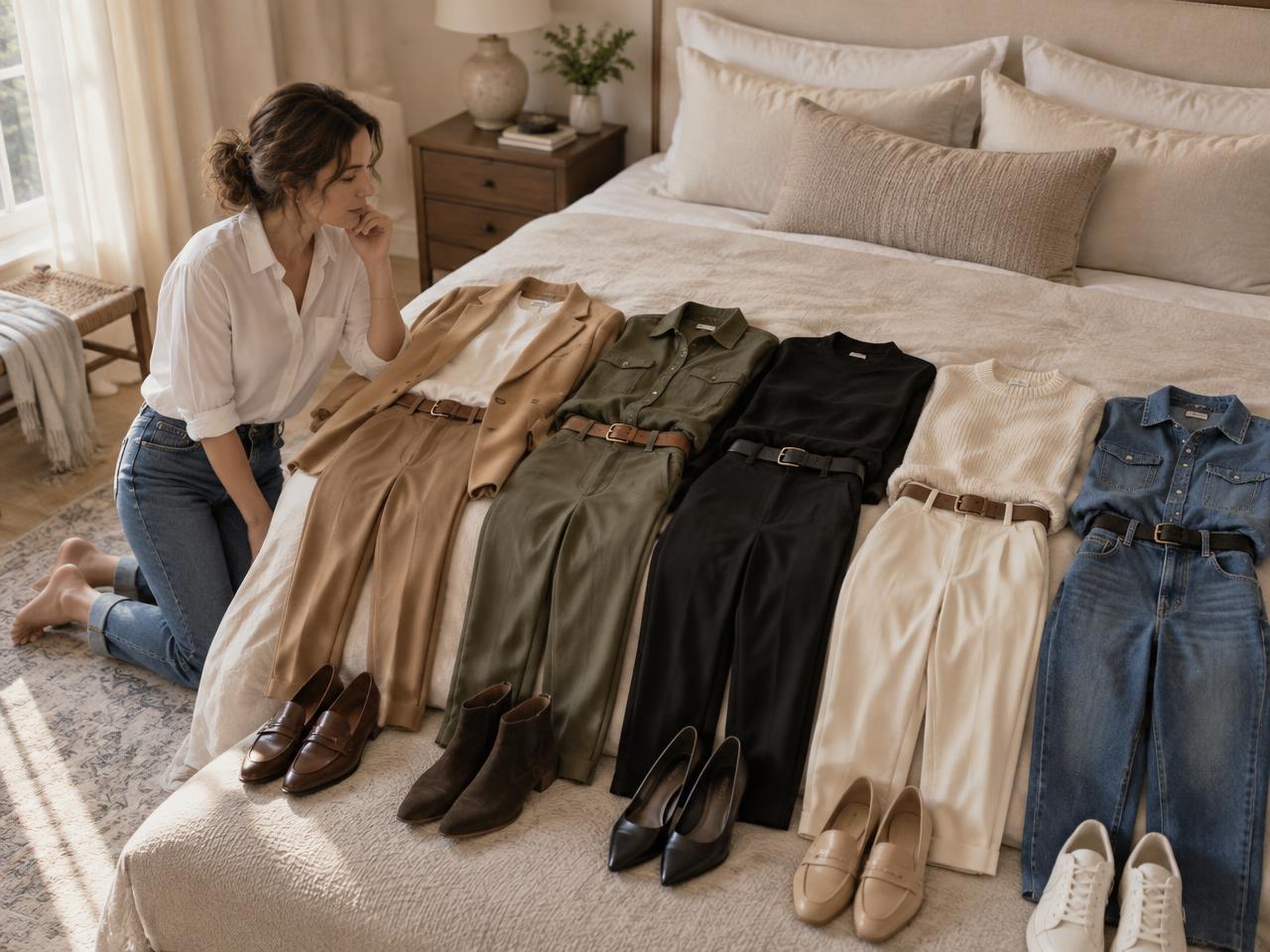 A woman kneeling beside five complete outfits laid out in a row on a bed