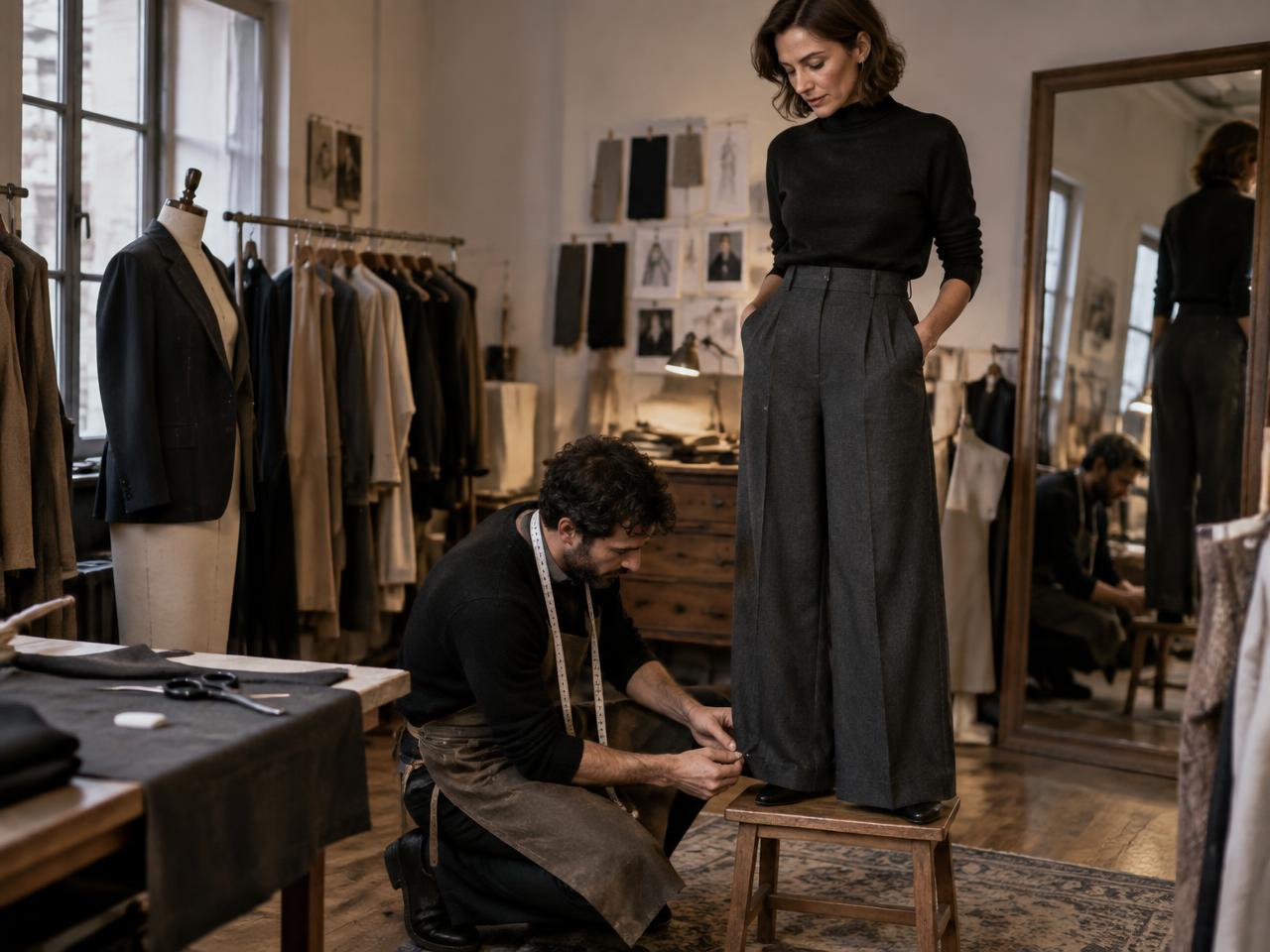 A tailor pinning the hem of wide-leg charcoal wool trousers for a client in an atelier