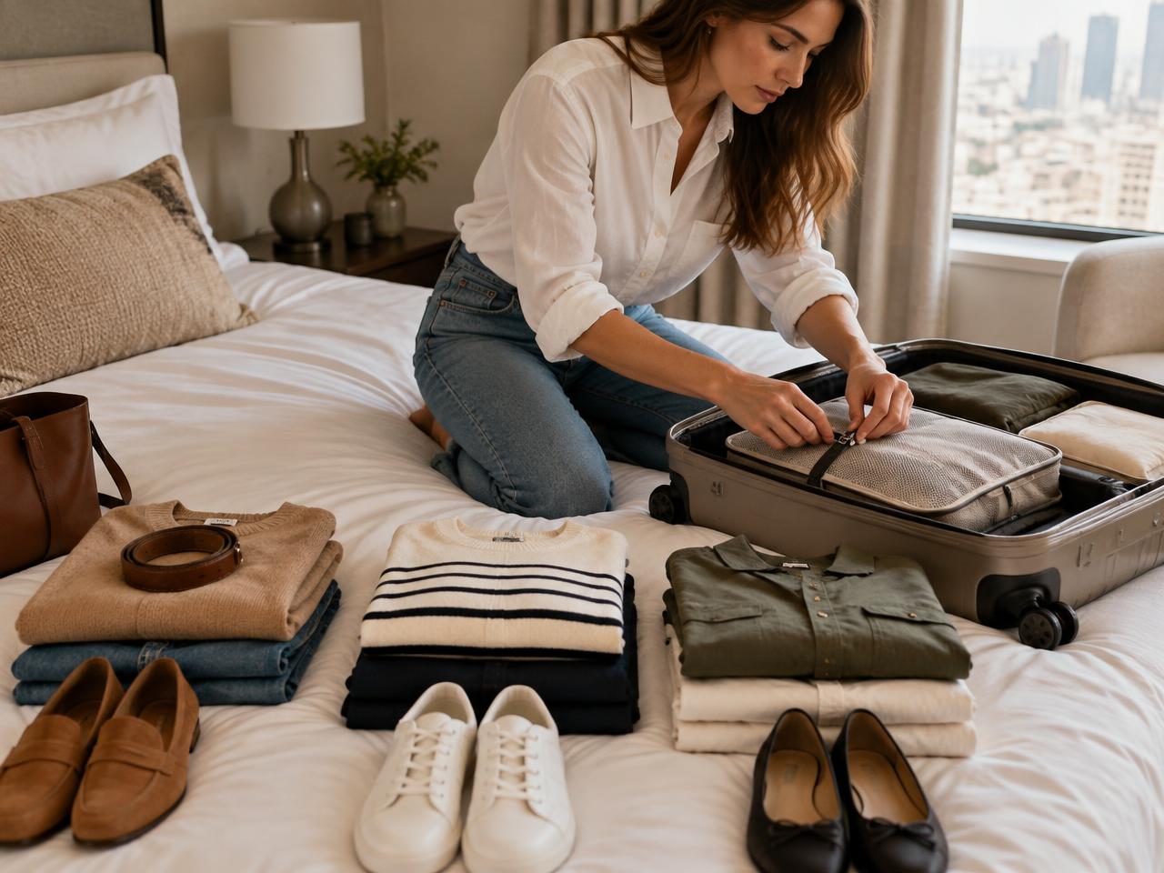 A woman fastening packing cubes beside three folded capsule outfits and an open carry-on suitcase