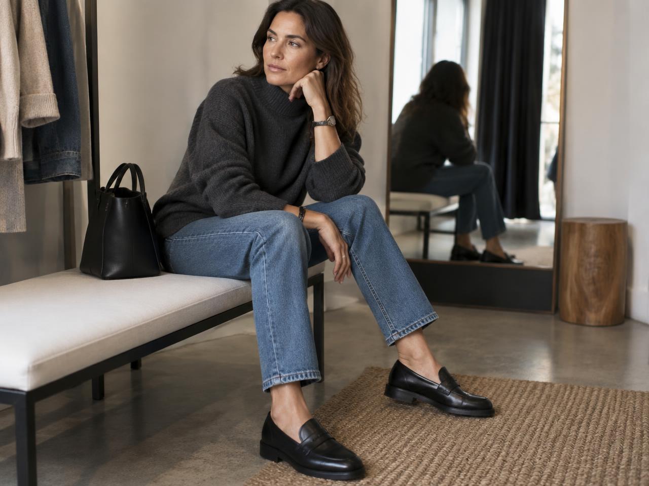 Woman wearing structured medium-wash straight-leg denim with a charcoal knit