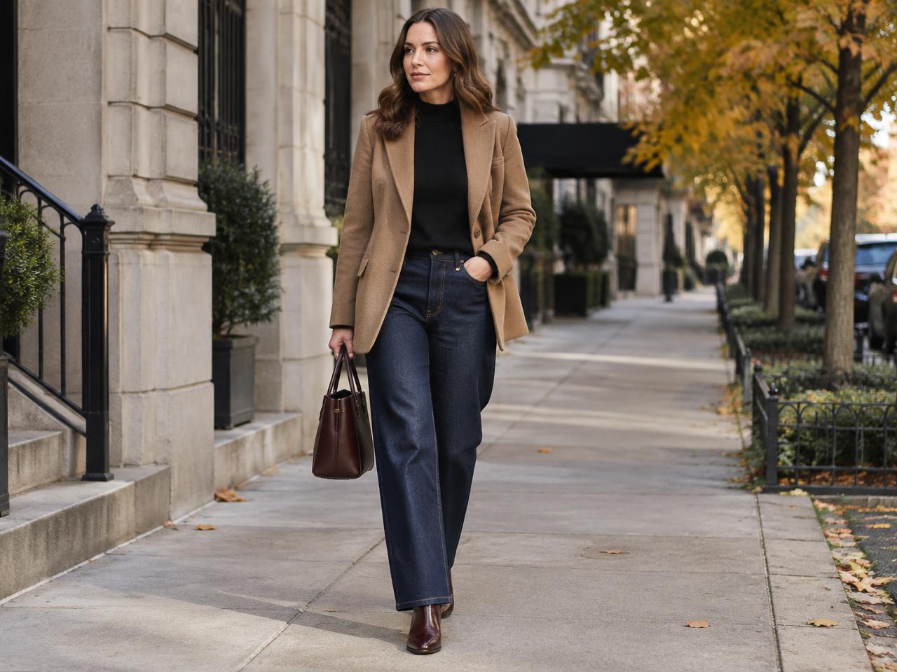 Full-length dark indigo jeans precisely hemmed over oxblood ankle boots