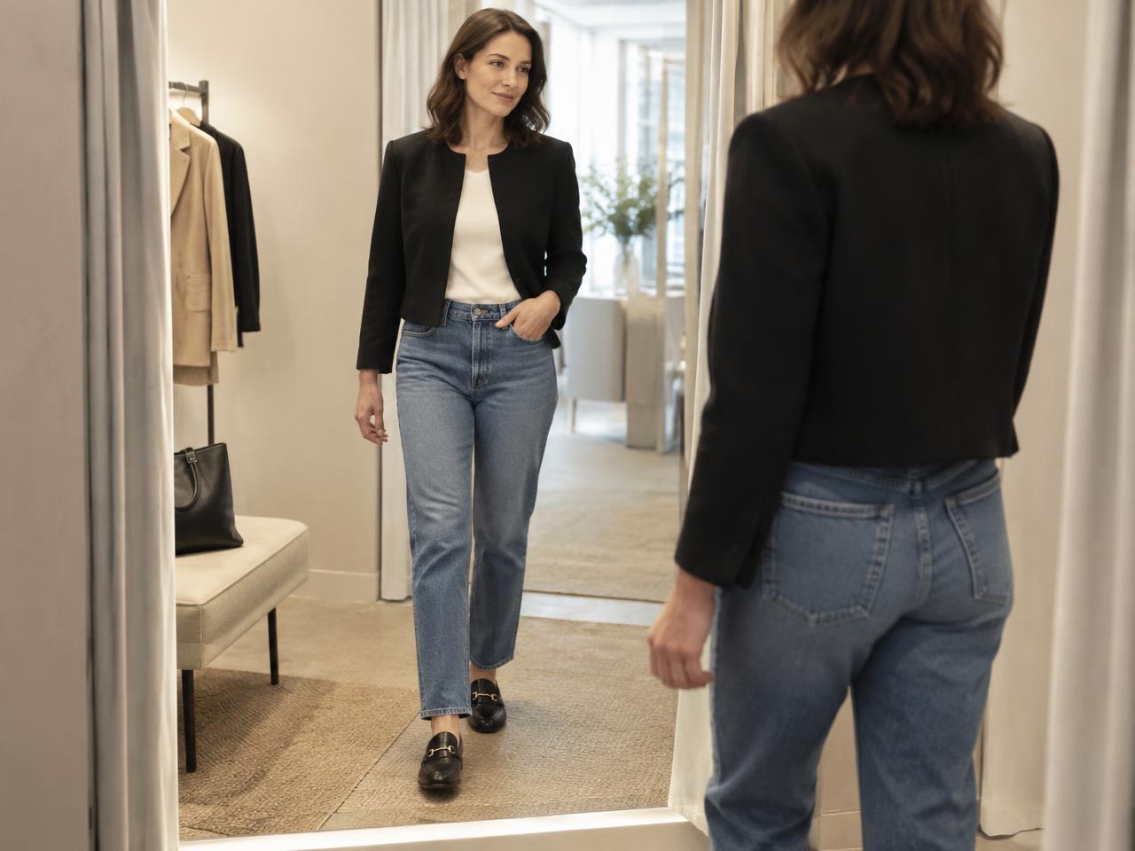 Woman testing the movement and fit of straight-leg jeans in a fitting room mirror