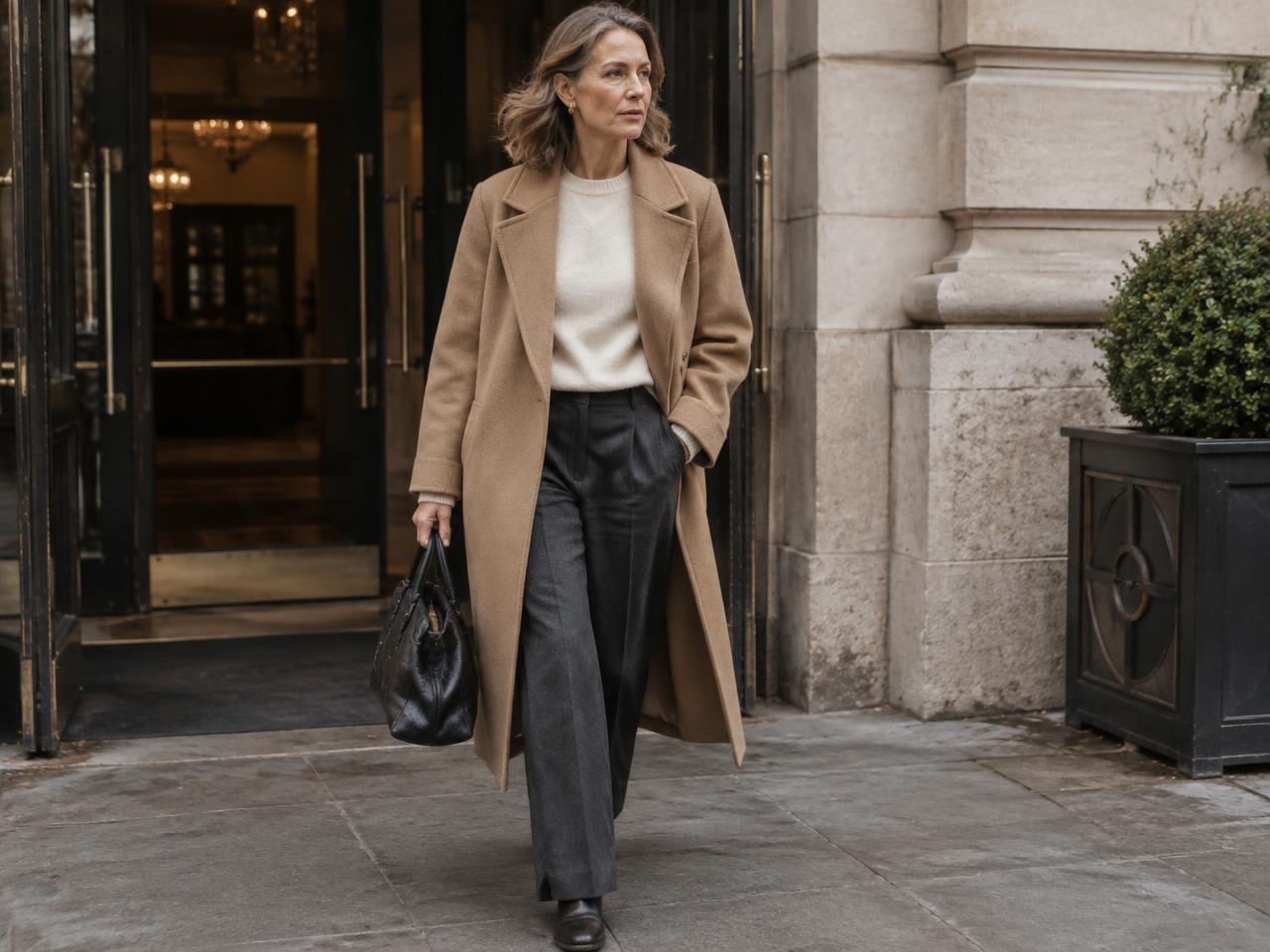 A woman in a camel coat, cream knit and charcoal trousers leaving a city building