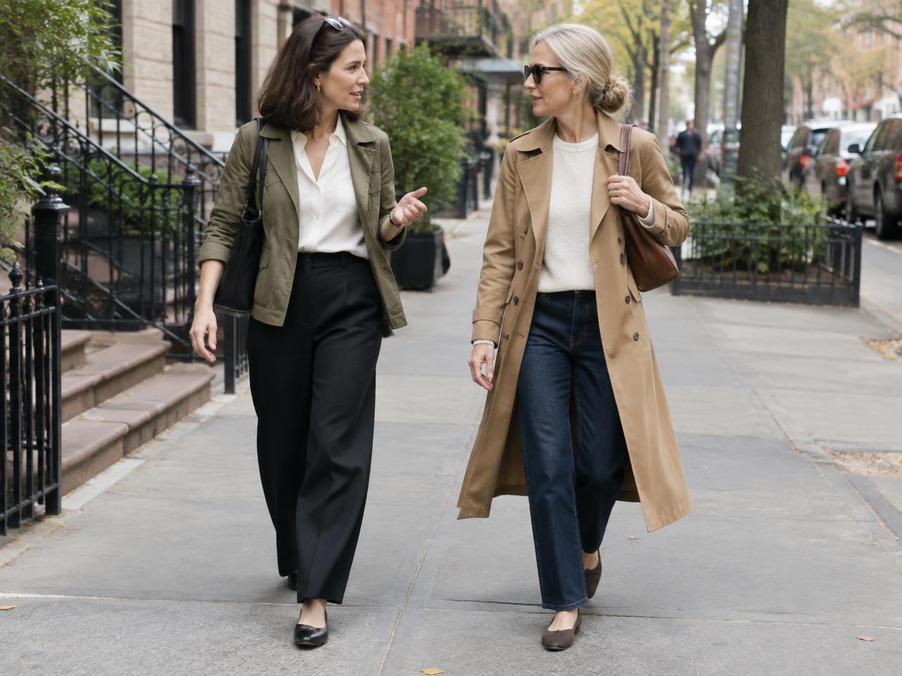 Two women in coordinated olive, ivory, black, camel and denim outfits walking through the city