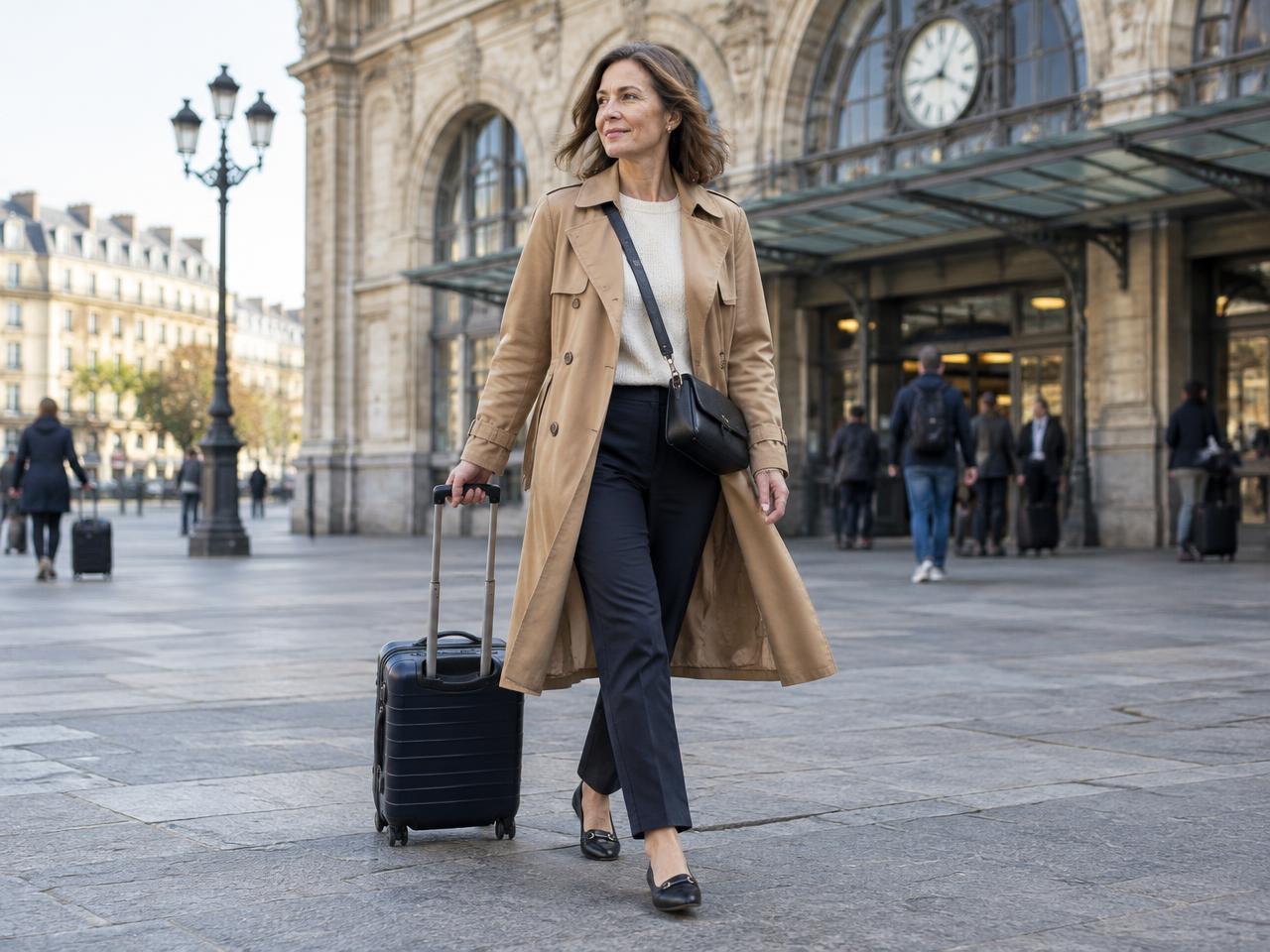 A woman in a camel trench and tailored trousers walking outside a European station with one carry-on