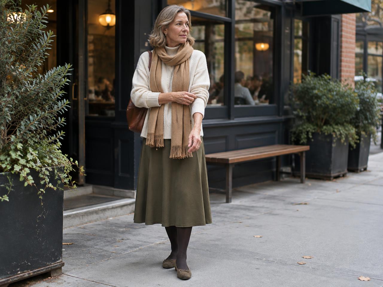 A woman in a cream cashmere knit, camel scarf and olive skirt outside a neighborhood restaurant