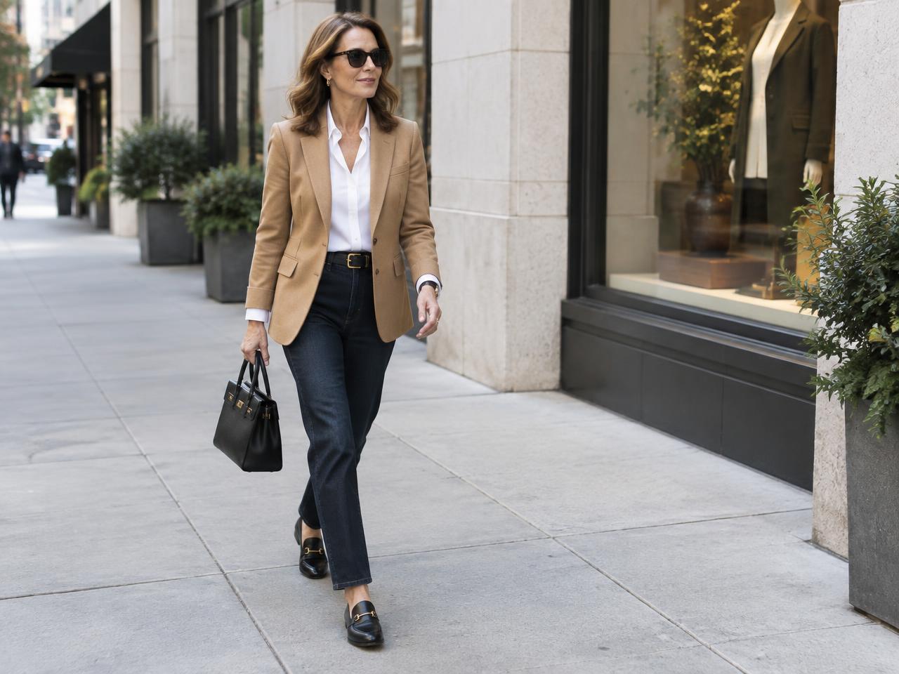 A woman in dark straight-leg jeans, a camel blazer and loafers walking past city shops