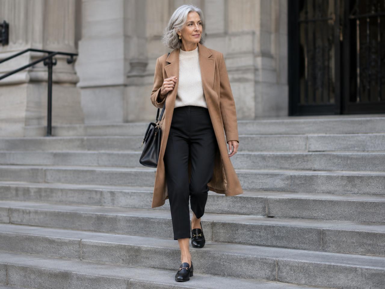 A silver-haired woman in cropped trousers, a camel coat and loafers walking down city steps