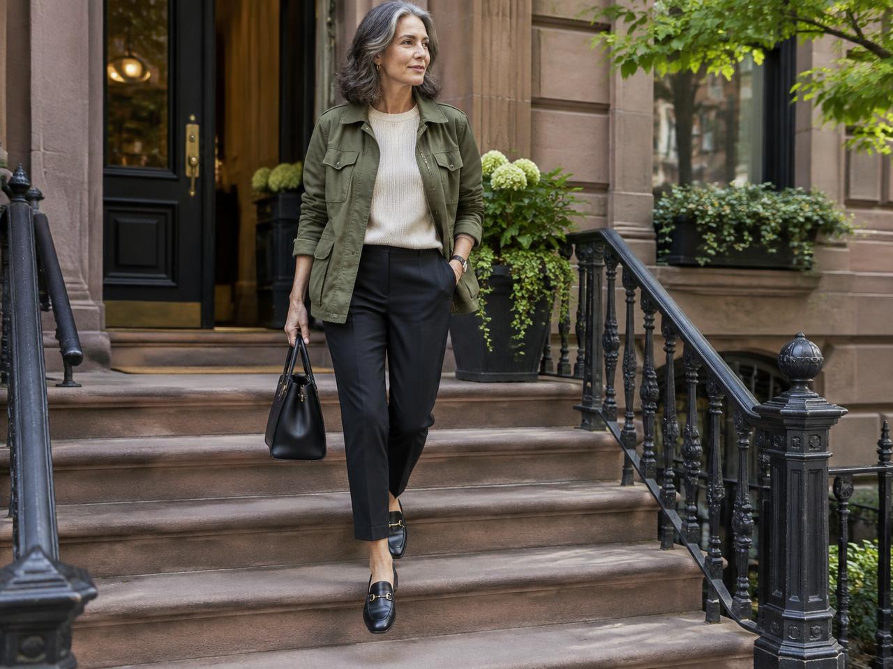 A woman in an olive jacket, cream knit and black trousers stepping outside a brownstone