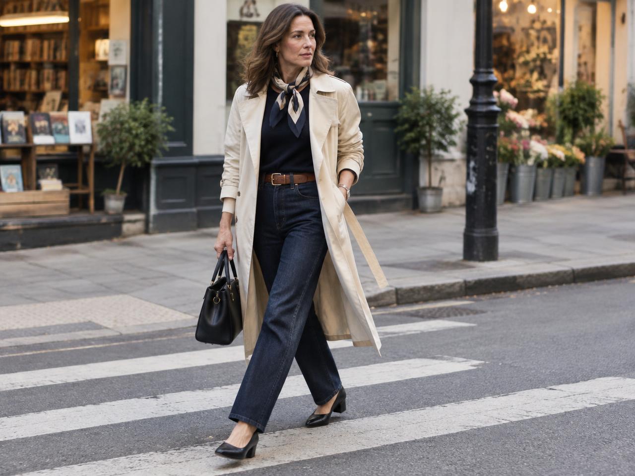 A woman in a cream trench coat and dark denim crossing a city street near a cafe