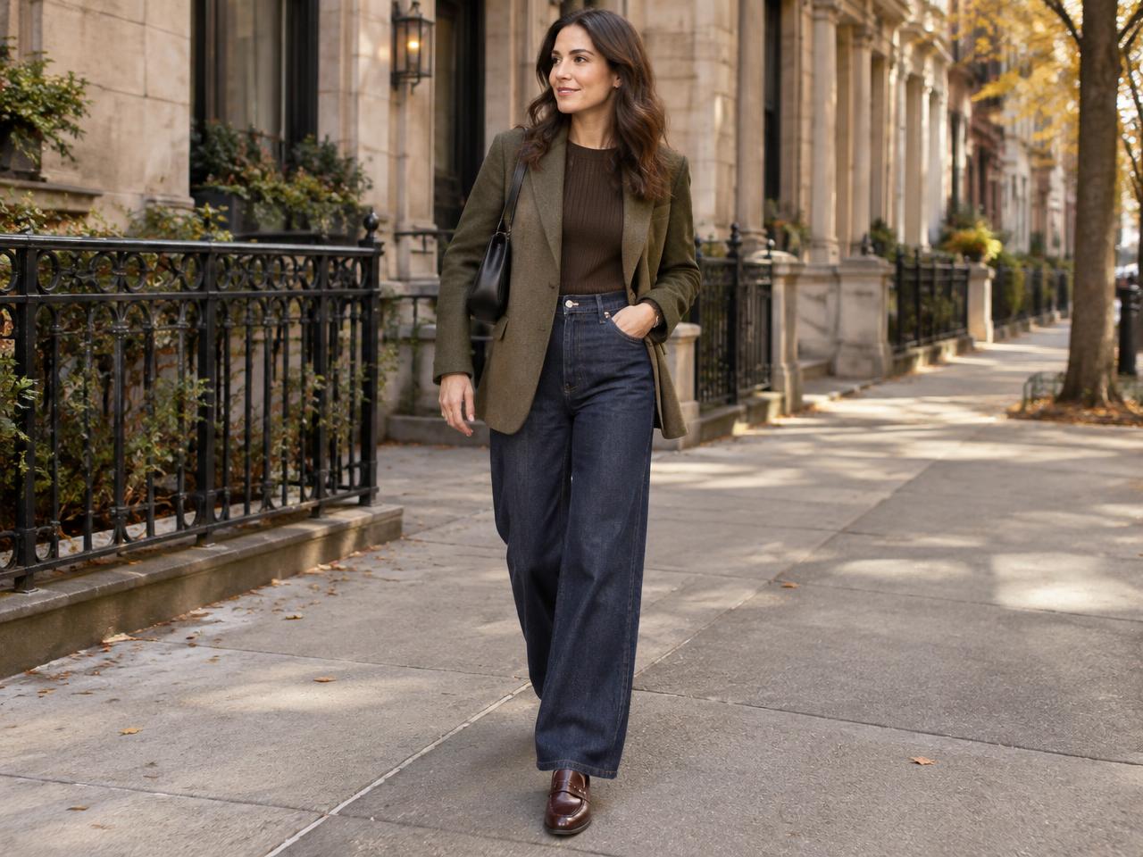 Woman wearing dark straight-leg denim, a tailored black jacket and burgundy flats on a city street
