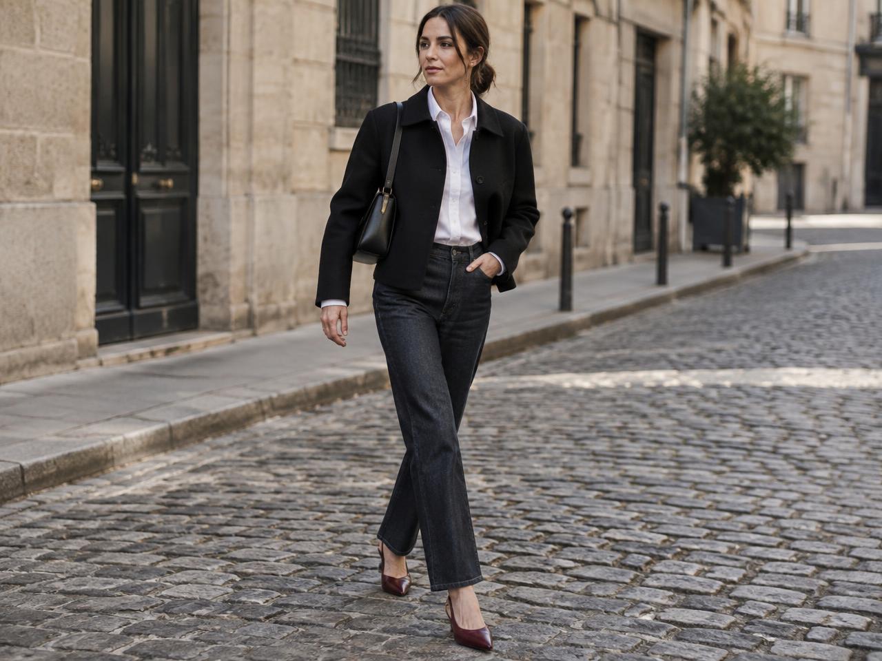 A woman in dark straight-leg jeans, a cropped black jacket, white shirt and burgundy slingbacks walking a cobblestone street