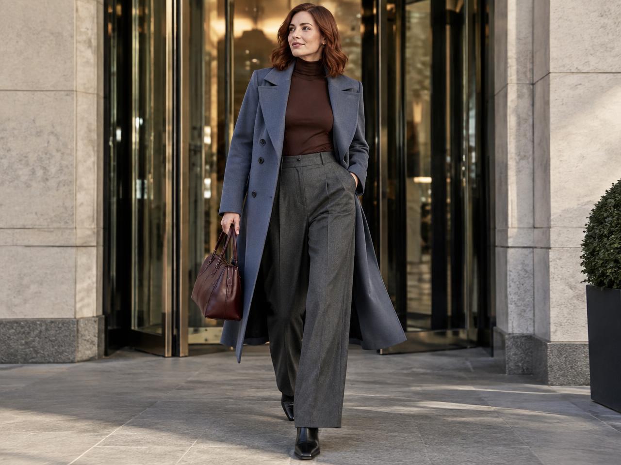 A woman in charcoal wide-leg trousers, a brown turtleneck, long slate-blue coat and ankle boots leaving an office lobby