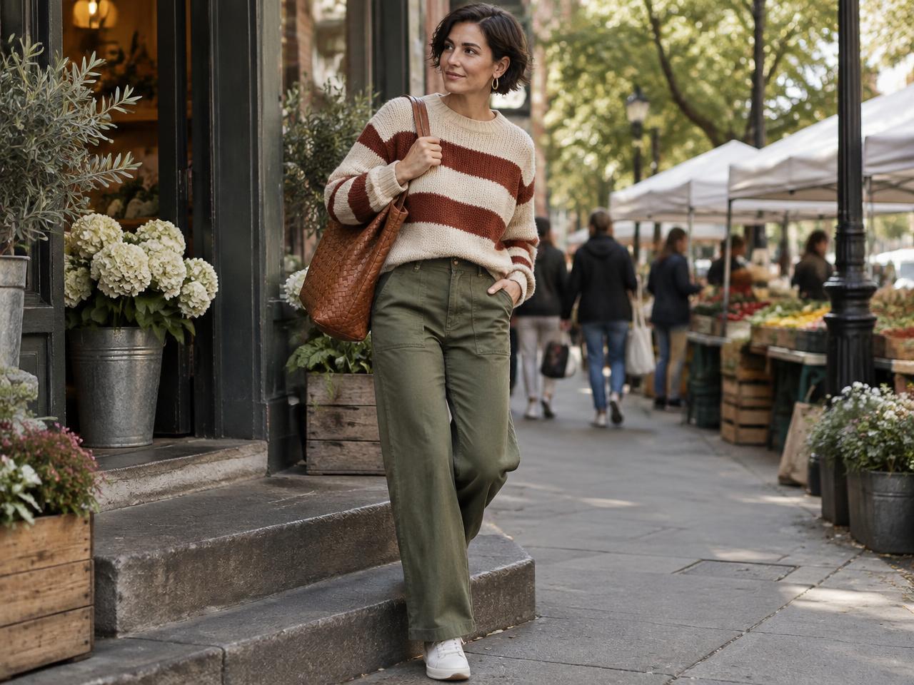 A woman in a striped chunky knit, olive wide-leg trousers, white sneakers and a woven leather tote at a weekend market