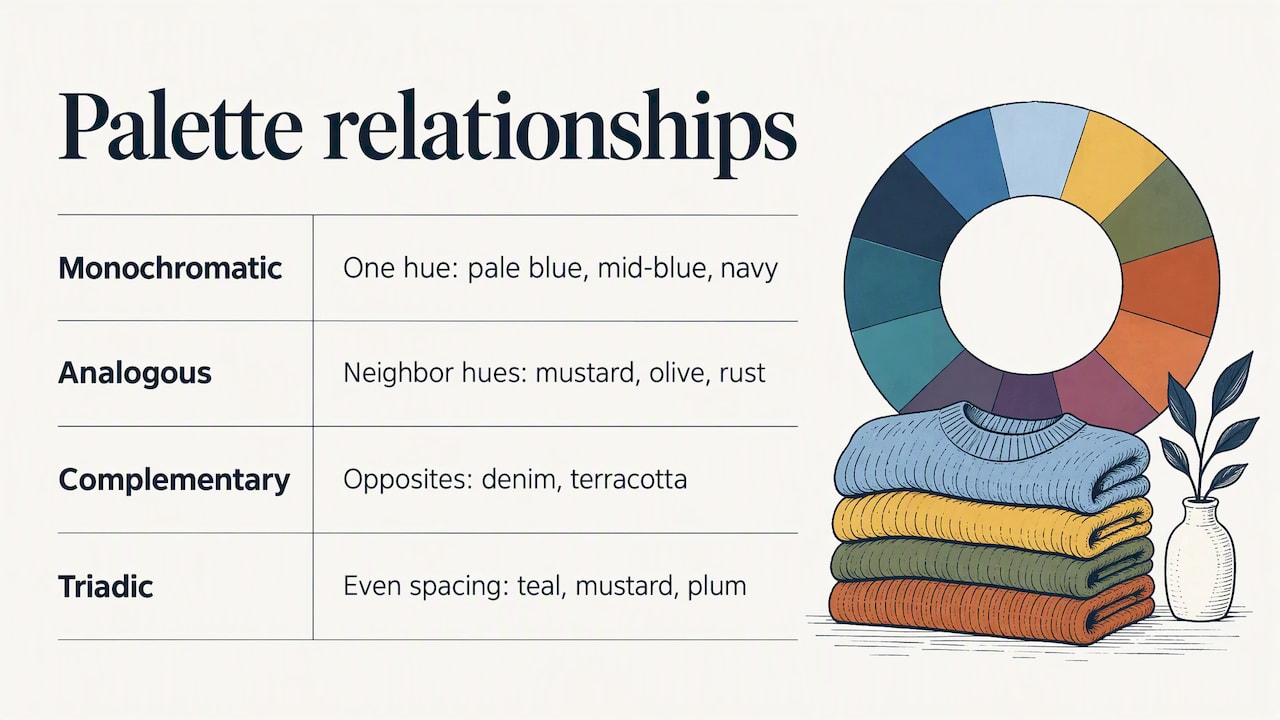 Four color palette relationships shown with outfit examples