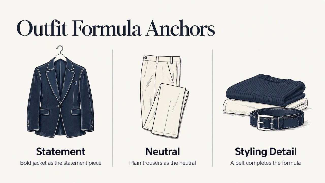 Three-part outfit formula with interchangeable garments