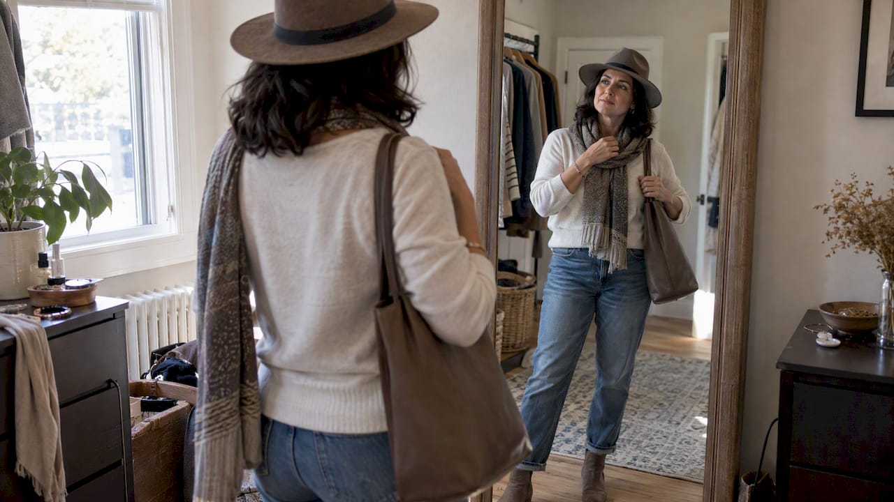 Woman checking outfit accessories in a mirror