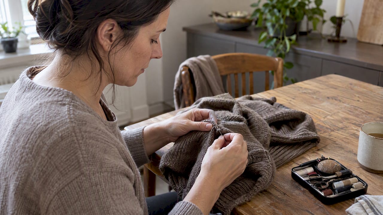 Woman mending a loose seam on knitwear