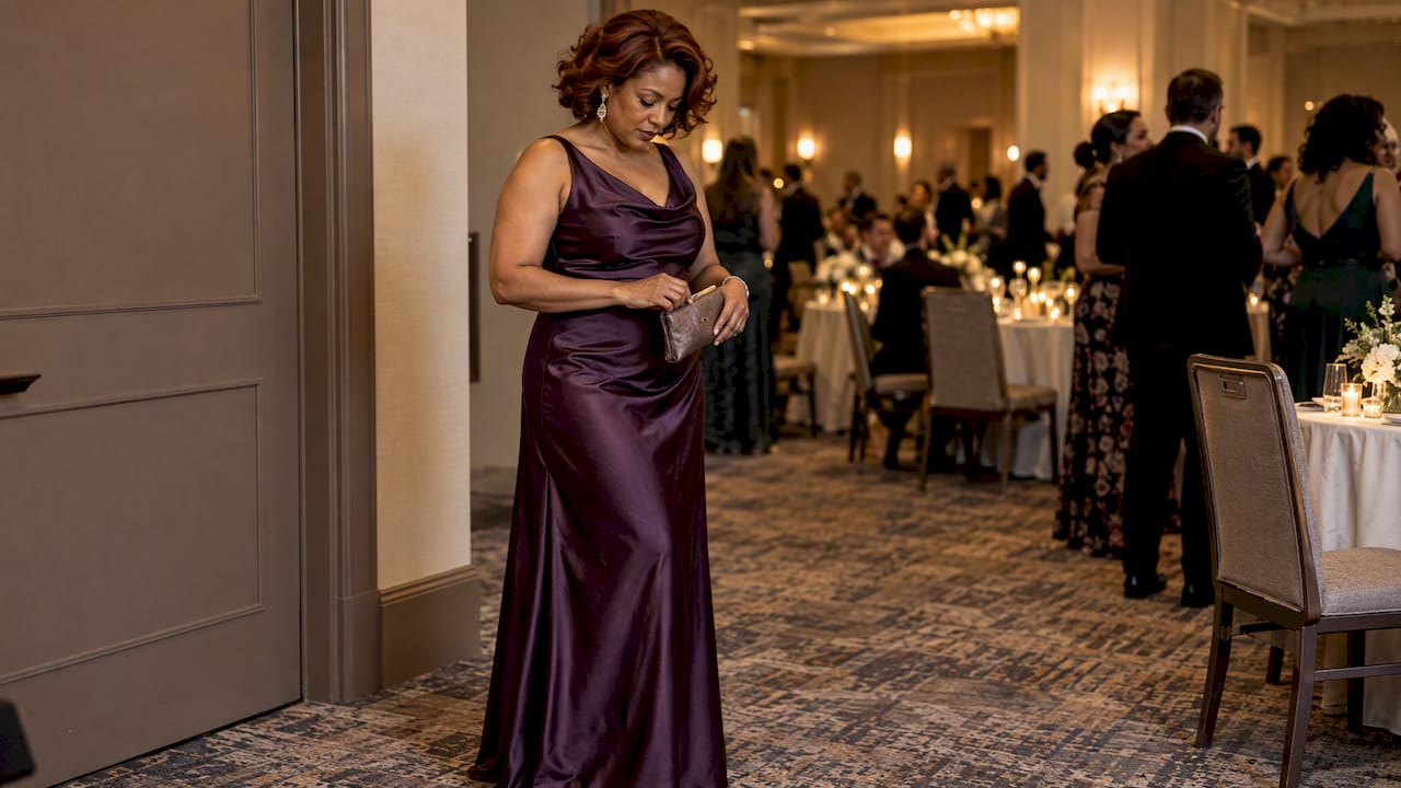Guest in a plum satin evening gown