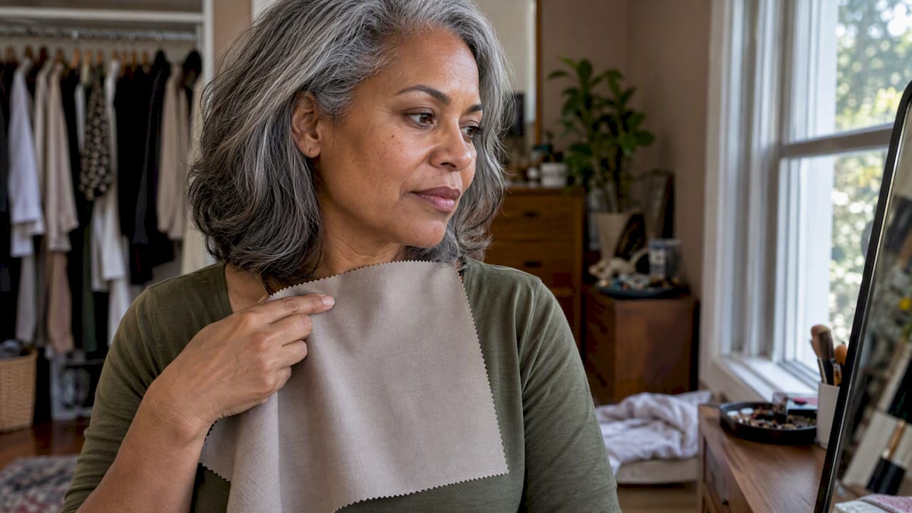 Woman checking neutral fabric beside her face