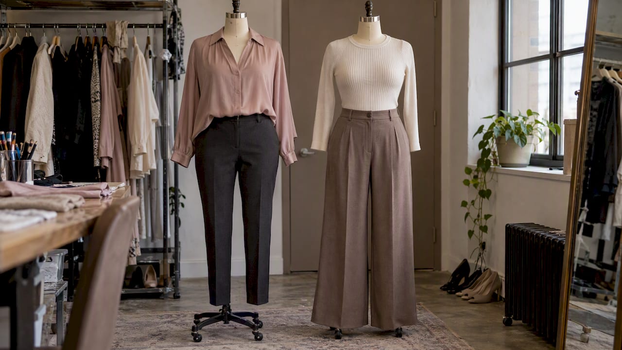 Two office outfits show contrasting proportions