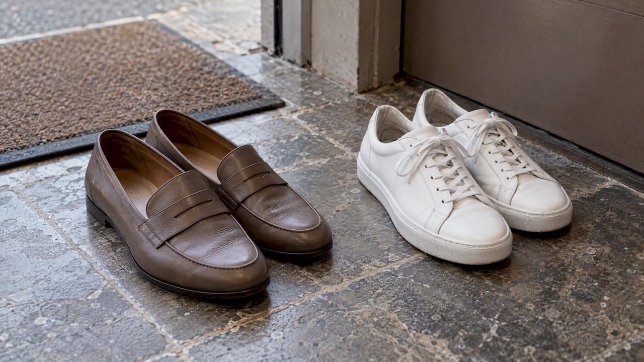 Leather loafers beside clean minimal sneakers
