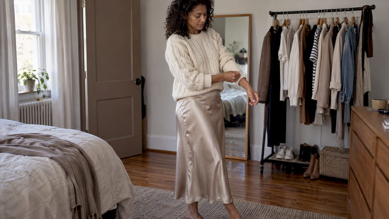 Chunky knit paired with a smooth satin skirt