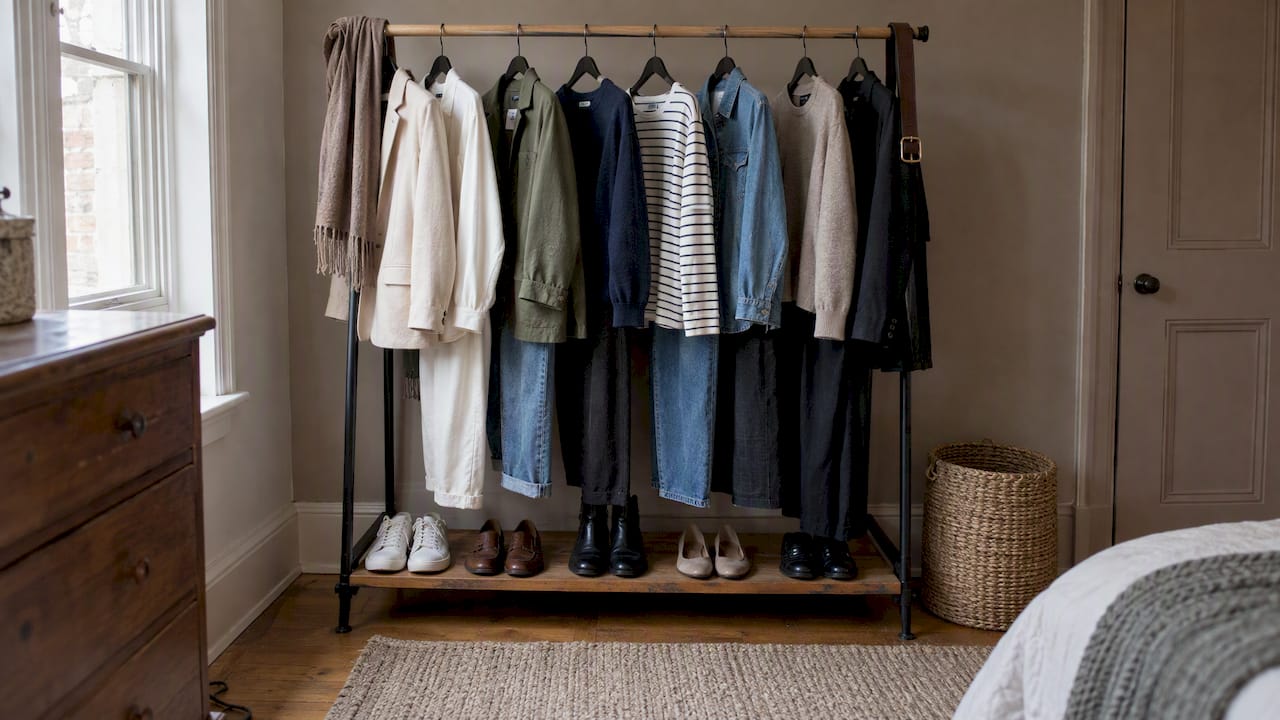 Weekday outfits arranged on a clothing rail